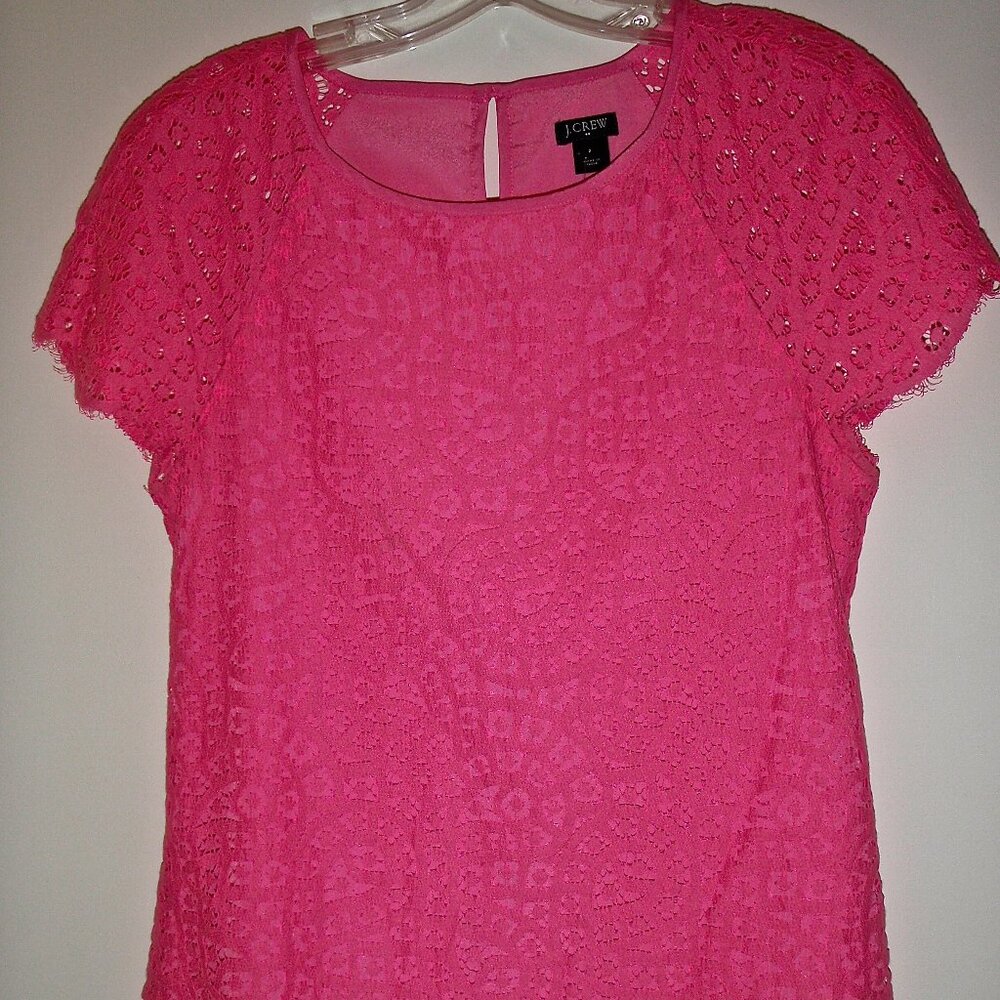 J. CREW WOMEN'S BRIGHT PINK LACE OVERLAY SHORT SLEEVED TOP SCALLOP HEM SIZE 2